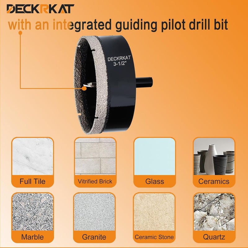 DECKRKAT 3-1/2 inch Diamond Hole-Saw Bits with Pilot Drill Bit -3-1/2" Diamond Tipped Tile Hole Saws with Guiding Bit Accurate Drilling for Porcelain Tile Ceramic Pottery Granite Stone Glass Bottles 90mm. - Image 5